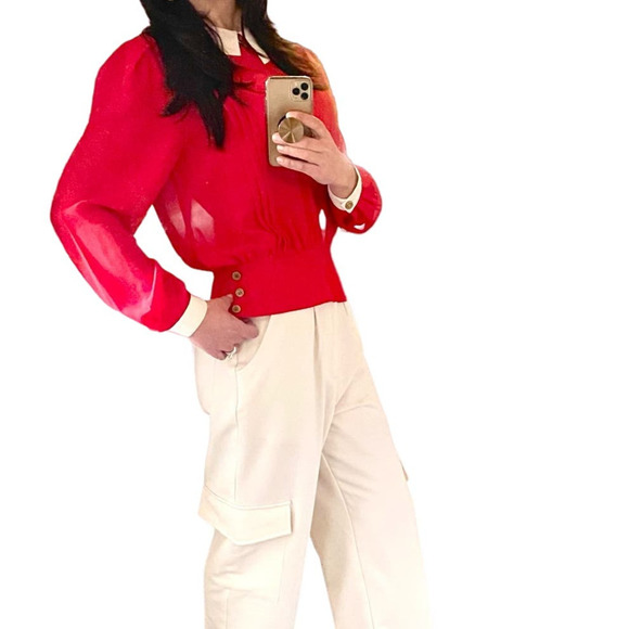 CHAUS // Vintage Red & Cream Blouse, Size 12 - Picture 2 of 7